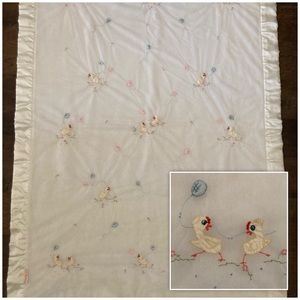 Vintage NORTH STAR Baby Blanket  Fleece Satin Trim Embroidered Chicks Balloons